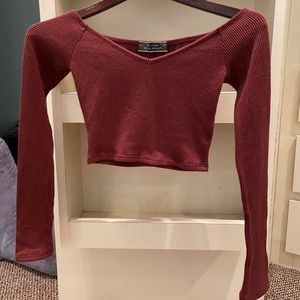 Burgundy Ribbed Long Sleeve Crop Top 🤎